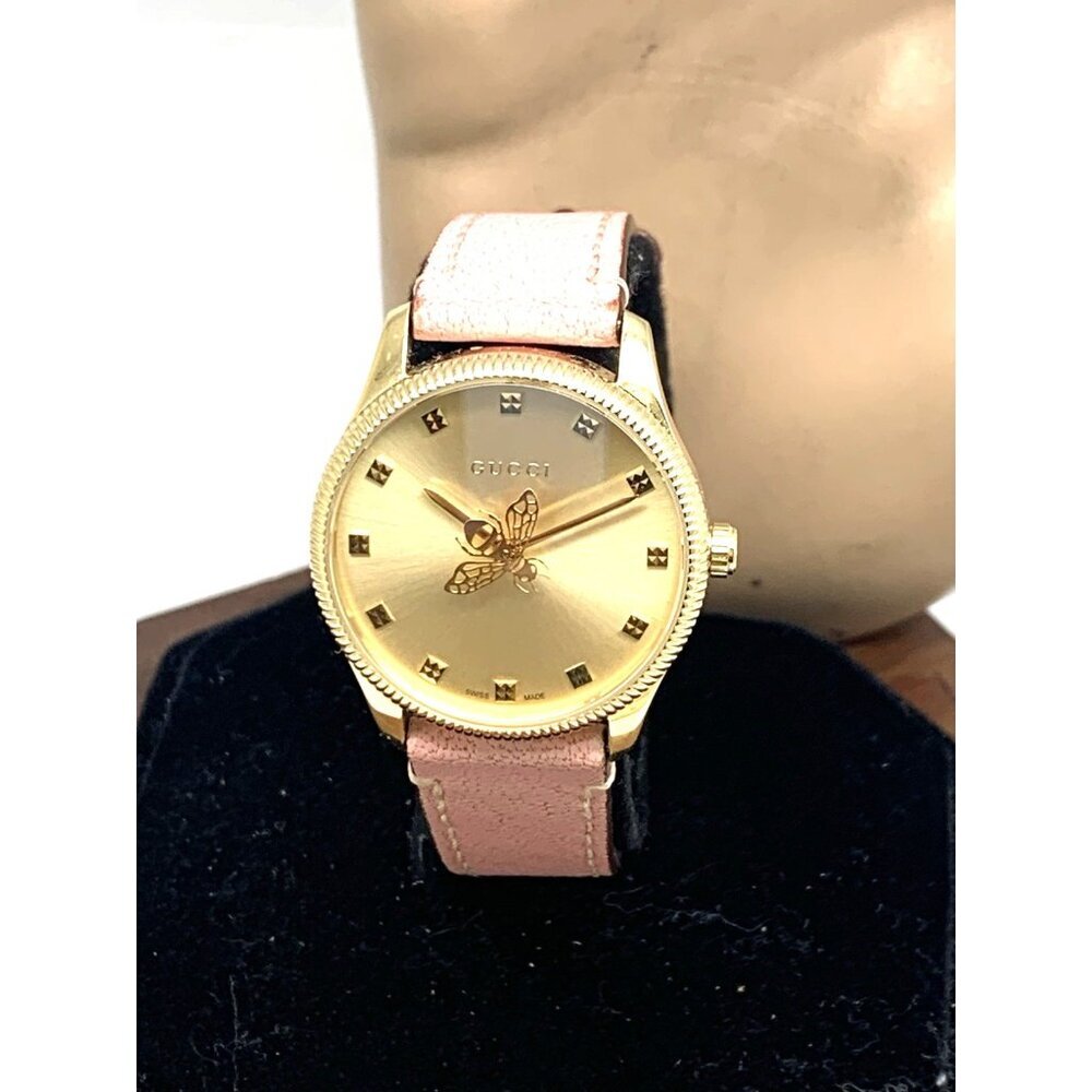 GUCCI Women's Watch YA126041 G-Timeless Swiss Quartz Gold Pink Leather Band 29mm